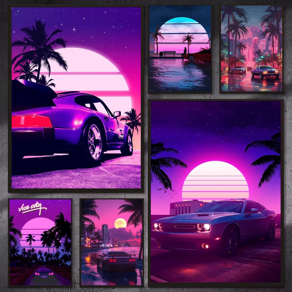 Retro Gaming Aesthetic - Poster Cyberpunk anni '80 con auto